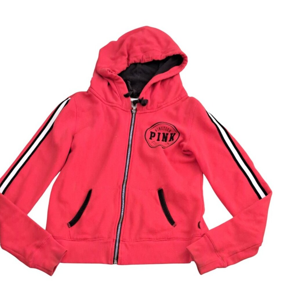 PINK Victoria's Secret Limited Edition Red Zip Hoodie XS | White & Black Stripe - Picture 2 of 11